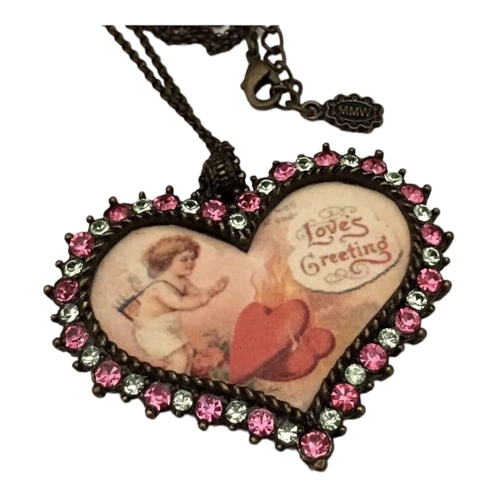 New Heart Necklace "Love's Greeting" Brass Tone Pink Green CrystalsMMW - 5N